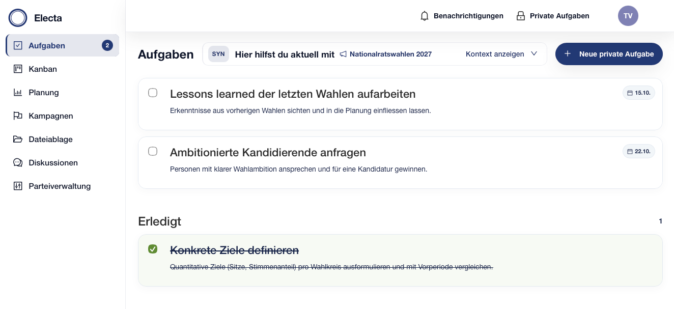 Aufgabenübersicht in Electa